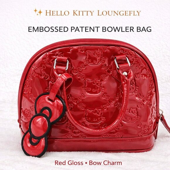 Loungefly x Sanrio Handbags - Hello Kitty Loungefly Red Patent Embossed Bowler Handbag Bow Charm Medium